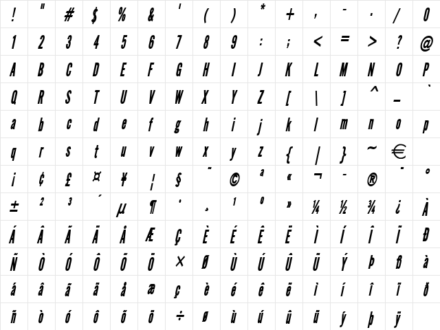 EngGothicThin BoldItalic  glyph index