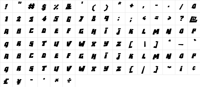 RockBiter Italic  glyph index