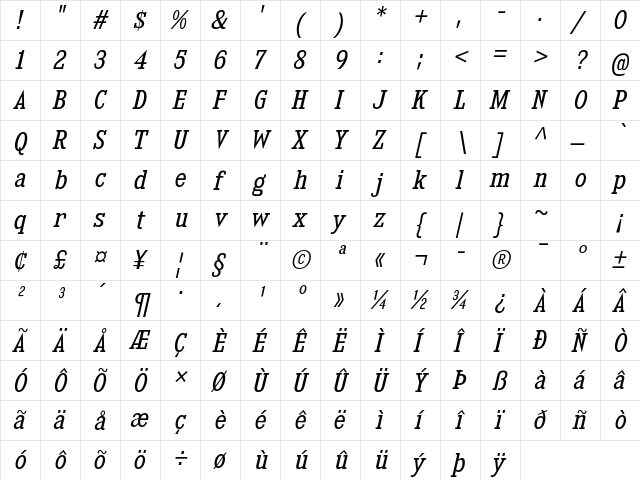 Kingsbridge SemiCondensed Book Italic  glyph index