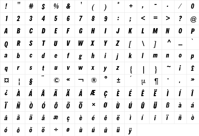 FranklinATFExtraCondensedBQ Regular  glyph index