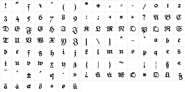 PixelFraktur Medium  glyph index