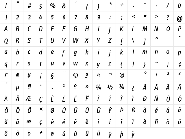 InfoTextBookTf Italic  glyph index