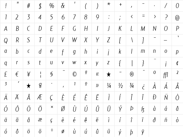 RelayCond-LightItalic Regular  glyph index