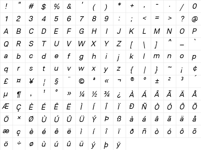 Lunchtype23 Italic  glyph index