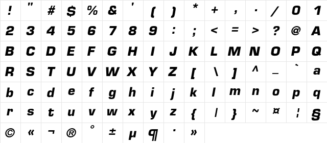 EuropeC Bold Italic  glyph index