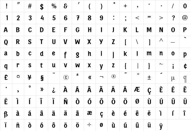 PortobelloMedium Regular  glyph index