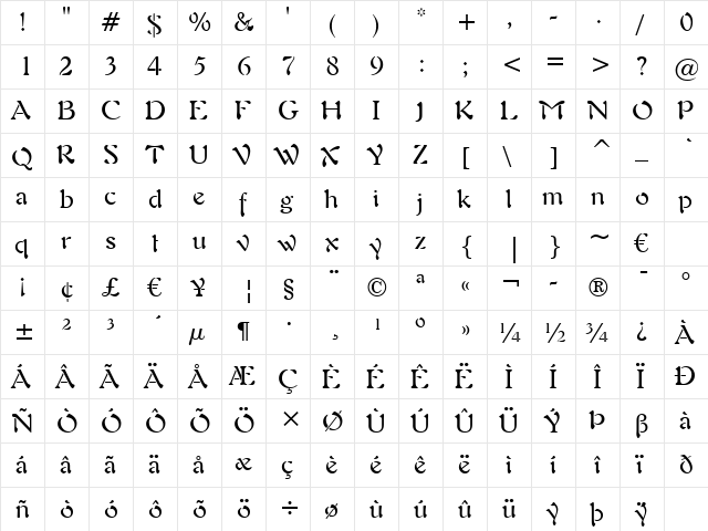 Freefrm721 BT Roman  glyph index