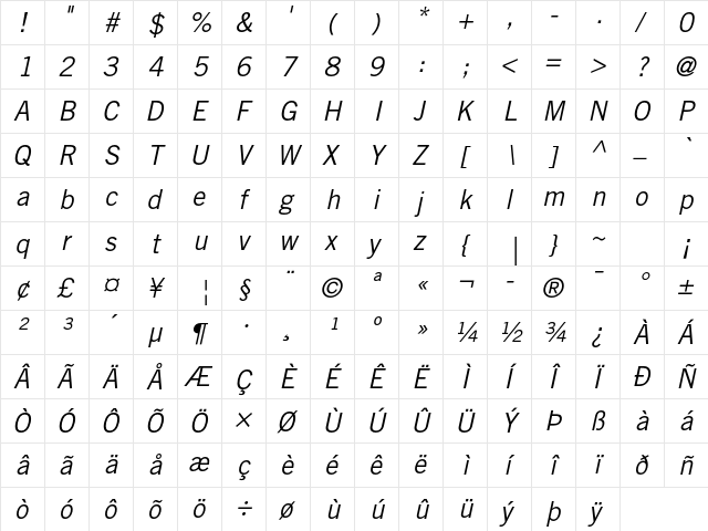 Trade Gothic LT Std Oblique  glyph index