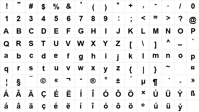 Arial CE Bold  glyph index
