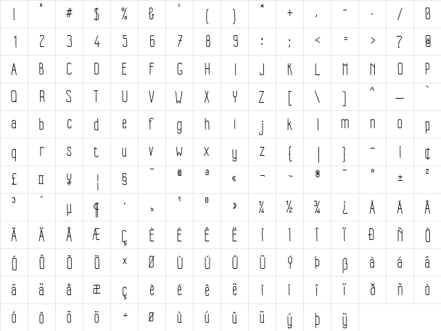 Impreciso free Light Regular  glyph index