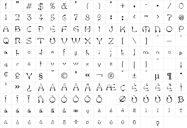 Bamboo Regular  glyph index