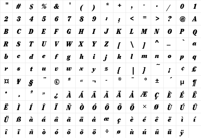 CheltenhamBookCdITC Bold Italic  glyph index