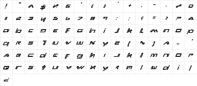 Xephyr Italic Italic  glyph index