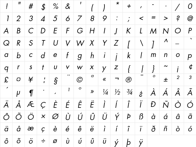 Futura Book Oblique  glyph index