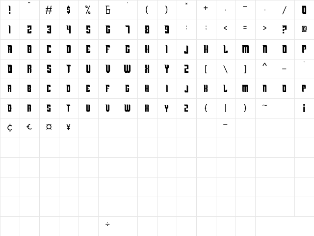Muntela Regular  glyph index