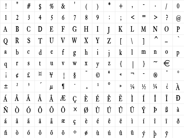 BlissThin Bold  glyph index