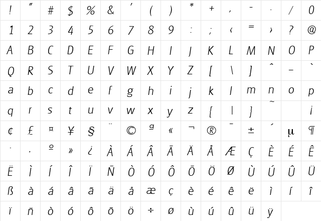 Glasgow-Serial-ExtraLight RegularItalic  glyph index