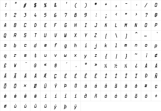 Larabiefont Condensed Bold Italic  glyph index