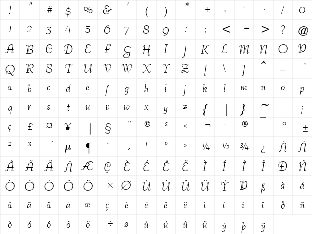 Carmine Tango Regular  glyph index