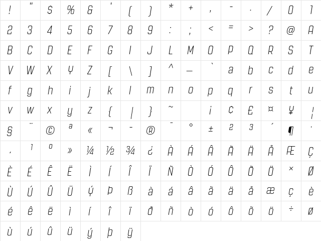 Revolution Gothic Regular  glyph index