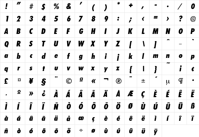Limerick-ExtraBoldCondIta Regular  glyph index