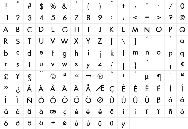 Futura ICG Regular  glyph index