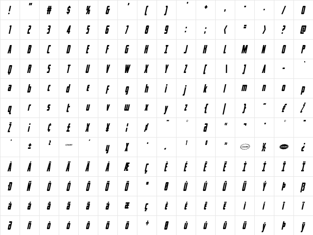 Captain Canaveral Condens Ital Condensed Italic  glyph index