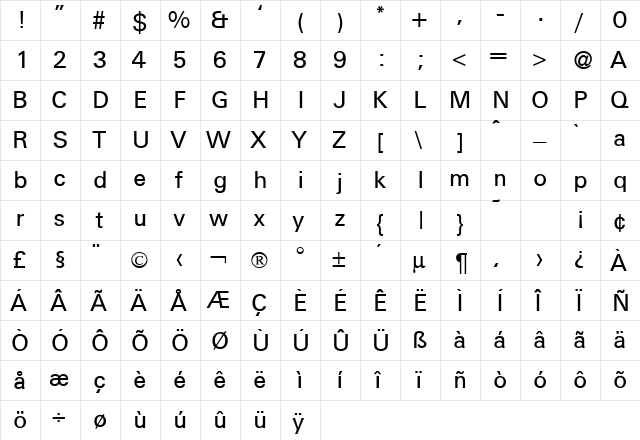UniversalDB Normal  glyph index