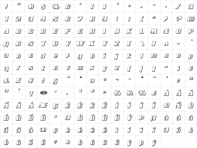 Galactic Storm 3D Italic Italic  glyph index