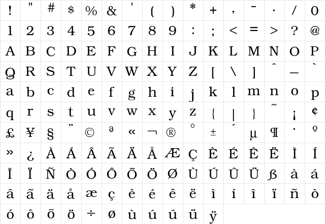 Bookman Light  glyph index
