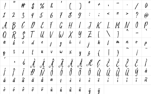 Evelyne Script Free Demo Regular  glyph index