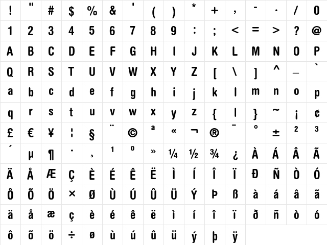 Helvetica Rounded LT Bold Condensed  glyph index