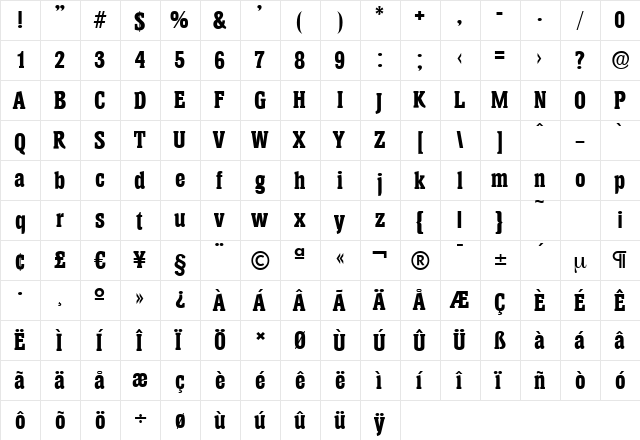 HeliumSerial-Xbold Regular  glyph index
