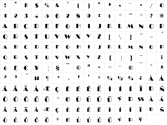 Broadway-Caps Regular  glyph index