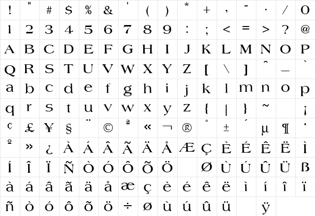 Americana Bold  glyph index