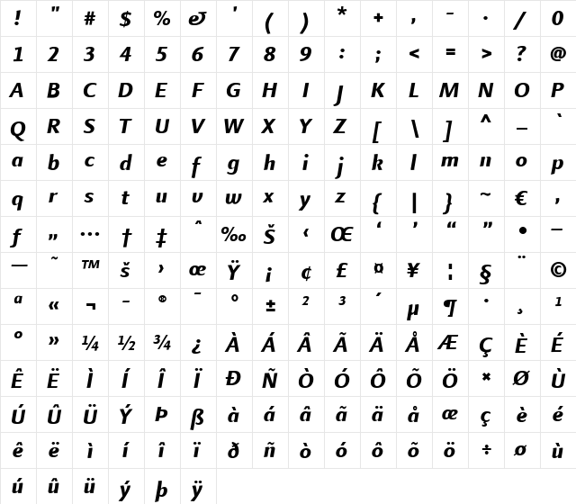 LTFinnegan Medium Bold Italic  glyph index