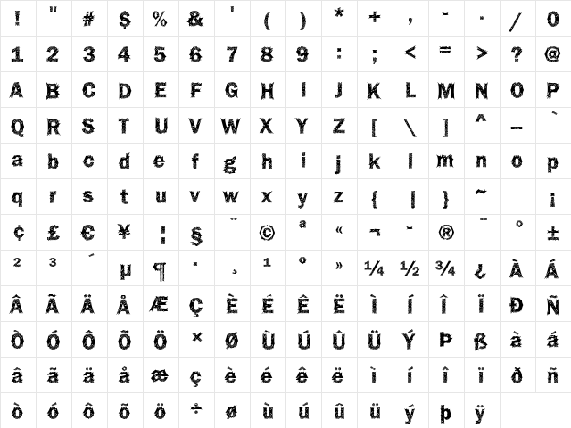 Funky36 Bold  glyph index