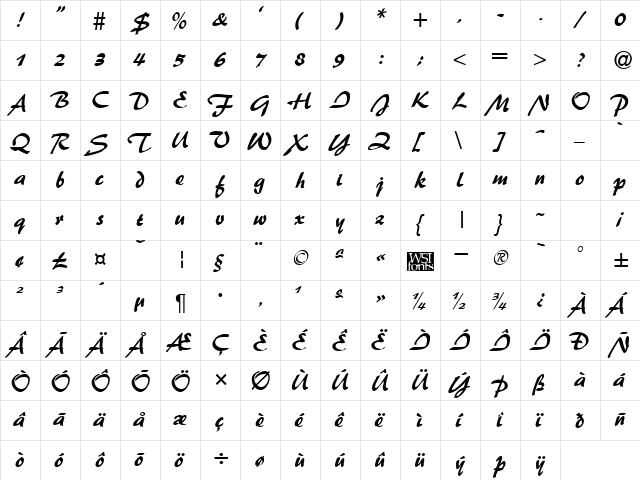 BrushFlash Regular  glyph index