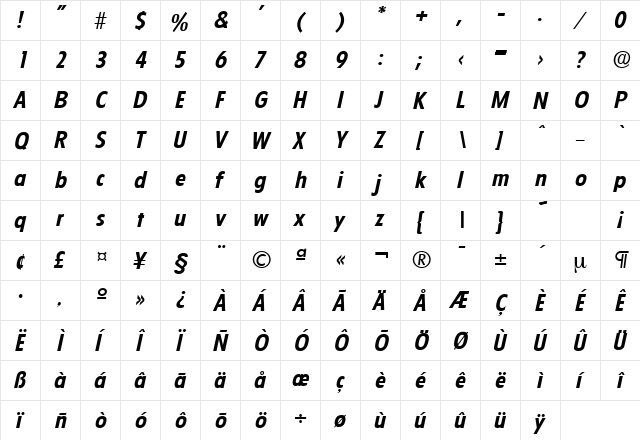 Florida-Serial BoldItalic  glyph index