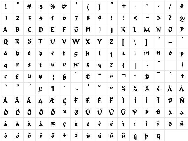 FlatBrush-Condensed Bold  glyph index