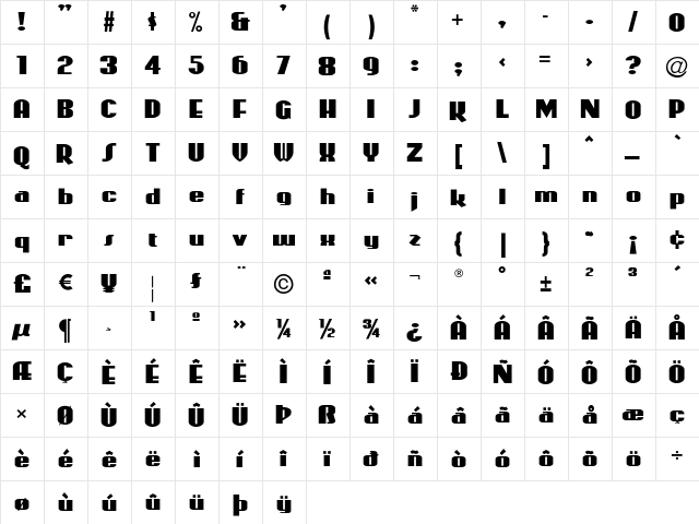 Woody Regular  glyph index