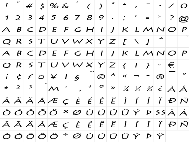 ListeExtended Italic  glyph index