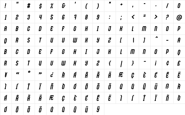 Cactron Bold-Italic  glyph index