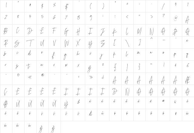 Marvelous Photograph Script Regular  glyph index