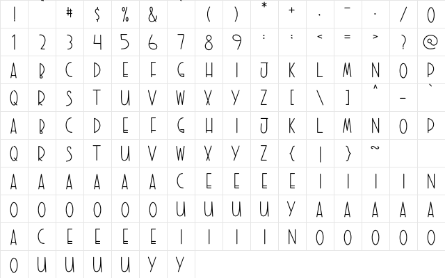 SWEET HOME Regular  glyph index
