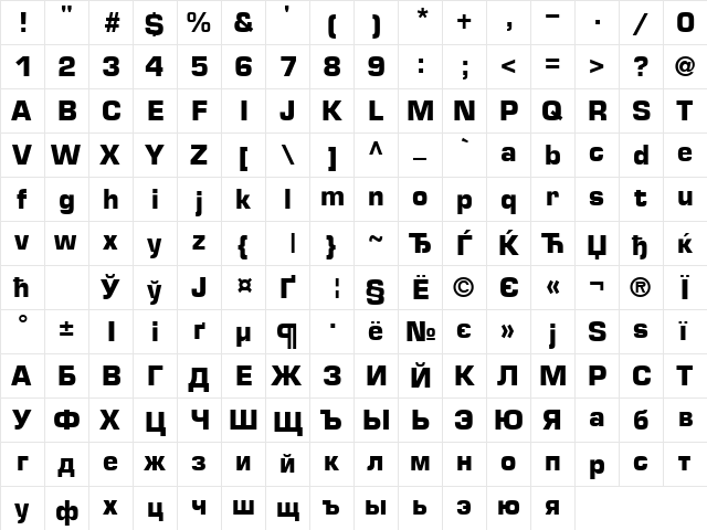 Europe Bold  glyph index