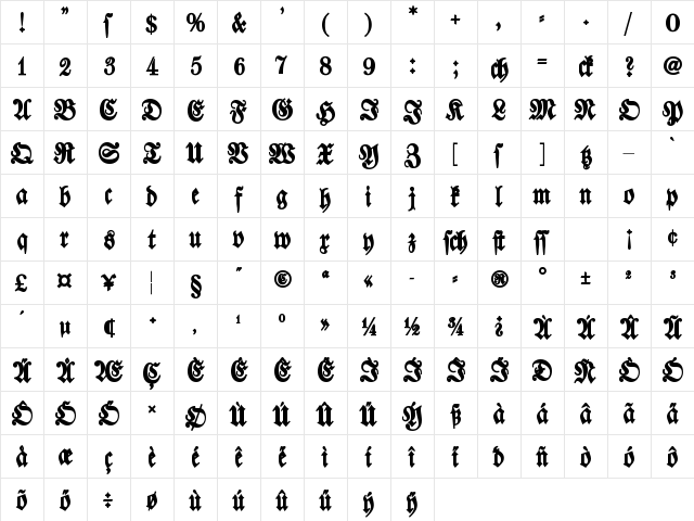 Walbaum Fraktur Bold  glyph index