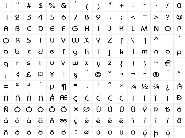 BiminiWide Normal  glyph index