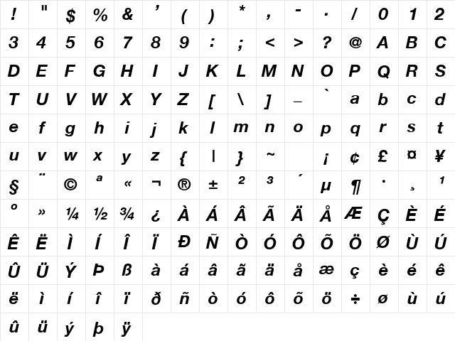 Helvetica-BoldItalic Regular  glyph index