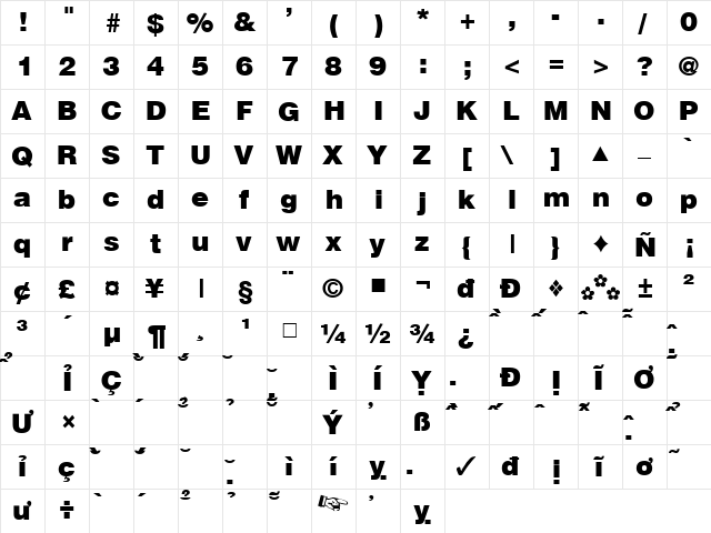 VNI-Swiss-Extreme Bold  glyph index